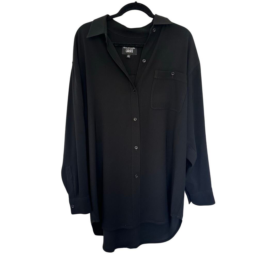 Emanuel Ungaro Liberte L Black Oversize Tunic Blouse Button Front Top Minimalist